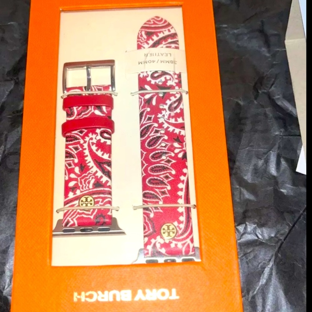 New Tory Burch Red Bandana Apple Watch Leather Strap 38/40/41mm new in box